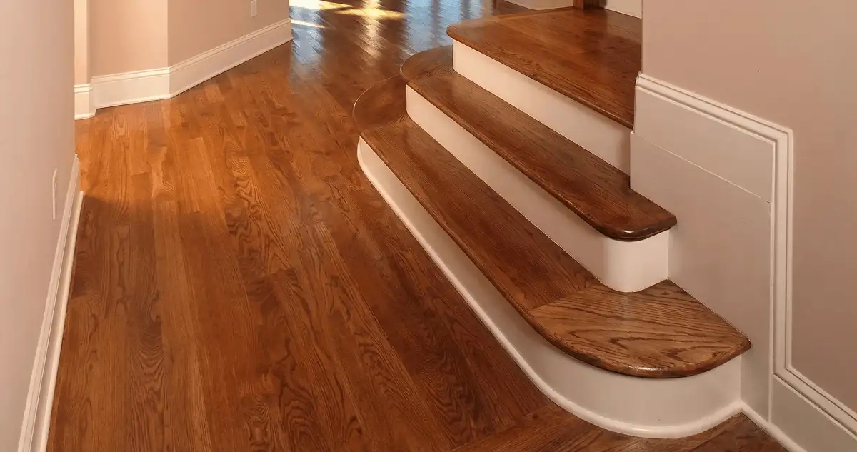 Base floor of a staircase with professionally restored wood flooring in Reno NV