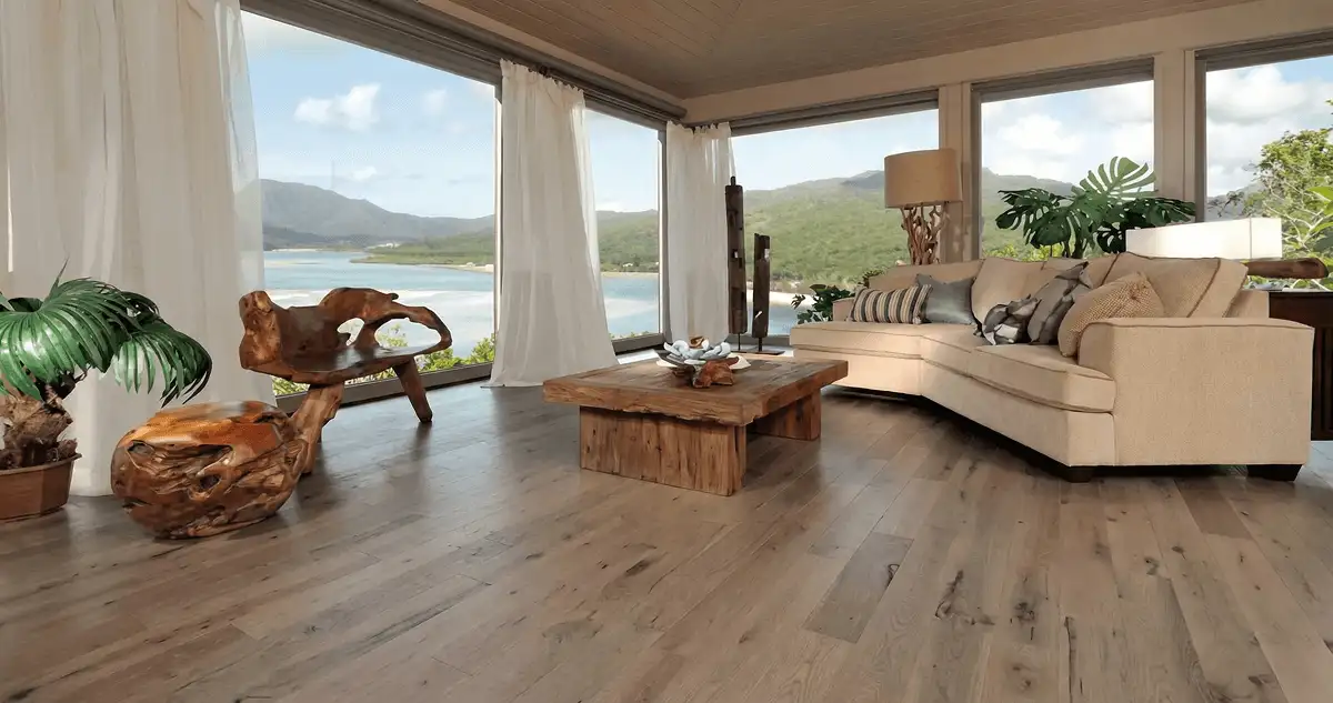 Professionally installed vinyl flooring in a modern living room with large windows in Reno, NV